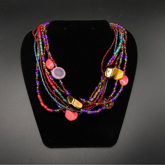 Seed Bead Multi Strand Red Gold Purple Glass Beads Wood Beads Colorful Necklace - Picture 8 of 9